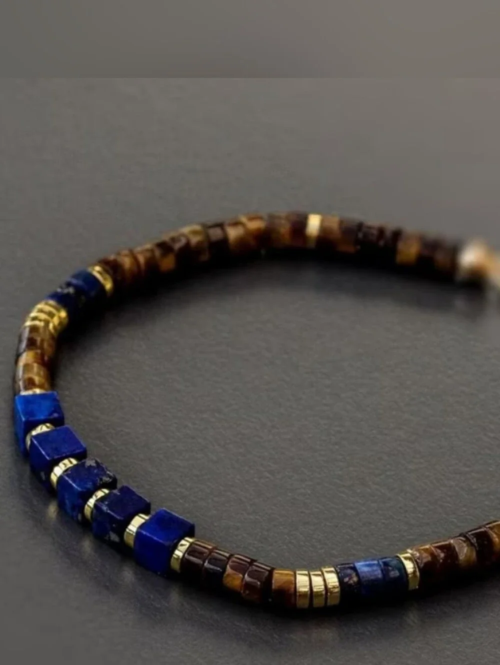 Lapis Lazuli, Tiger Eye & Hematite Beaded Bracelet - Gold Accents NWOT